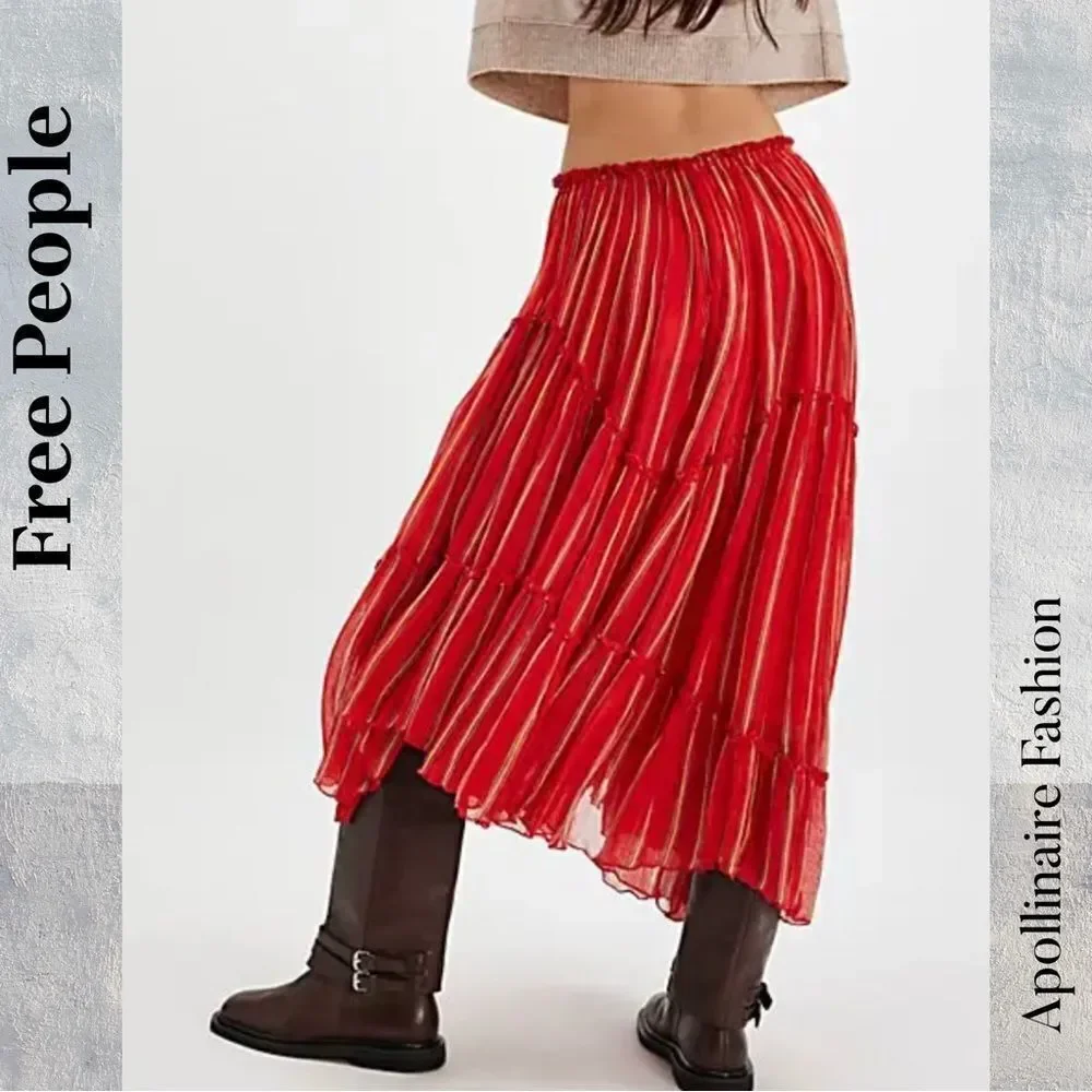 Free People Ember printed Fire Red A-Line MIDI Skirt in Medium NWOT - Picture 4 of 7